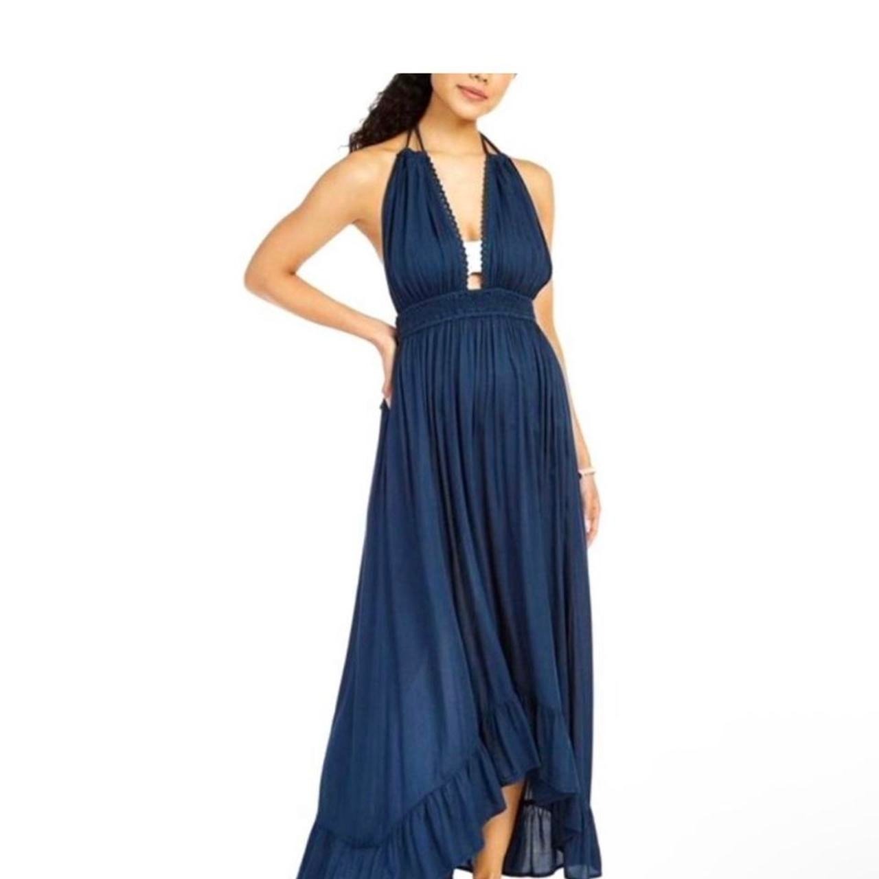 Navy Blue Maxi Dress With Ruffles And Tie Back